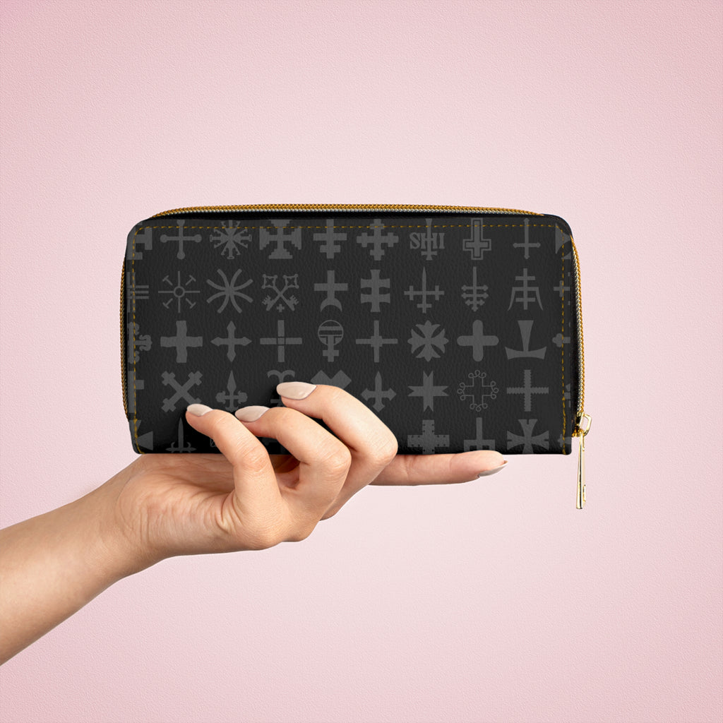 Sleek Black Cross Geometric Zipper Wallet, Stylish Women's Wallet, Everyday Use Purse, Modern Accessory for Travel, Gift for Her