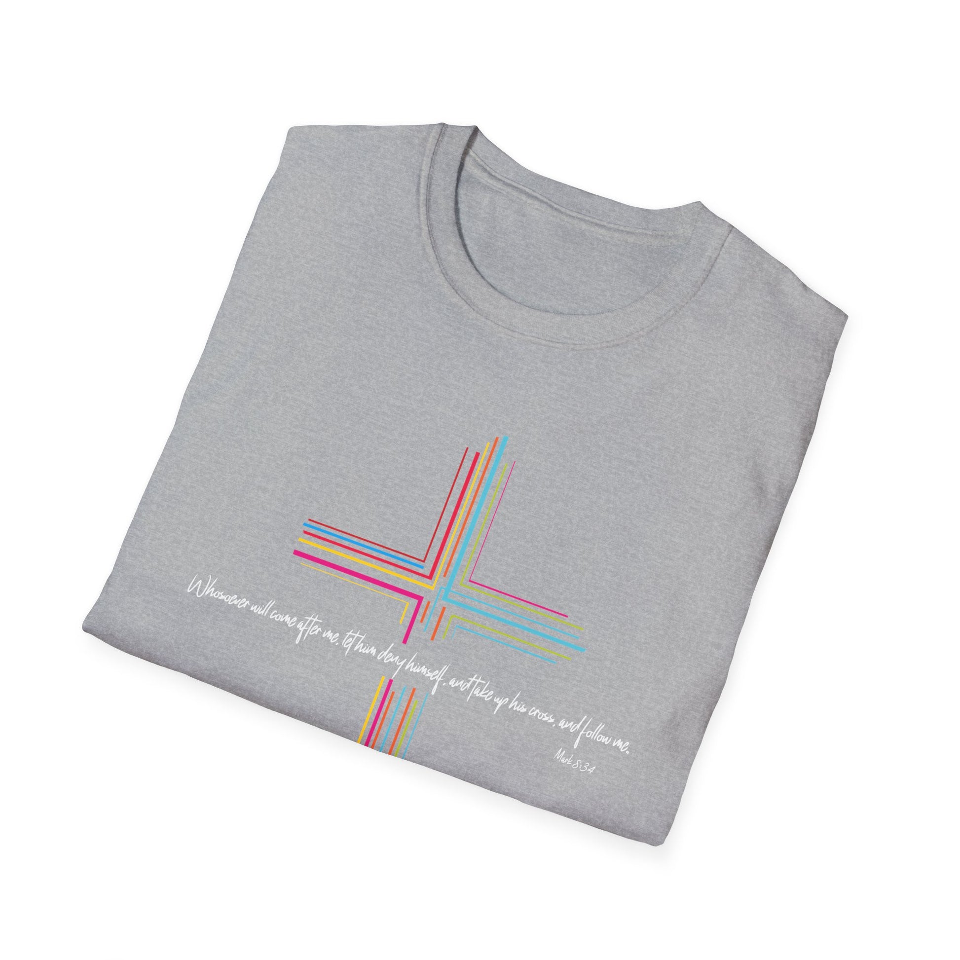 Inspirational Scripture Mark 8:34 Cross Unisex Softstyle T-Shirt Faith and Hope Design Faith Tee Gift For Her Him