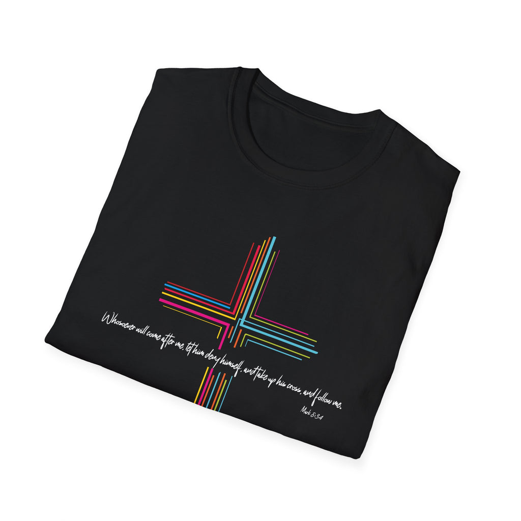 Inspirational Scripture Mark 8:34 Cross Unisex Softstyle T-Shirt Faith and Hope Design Faith Tee Gift For Her Him