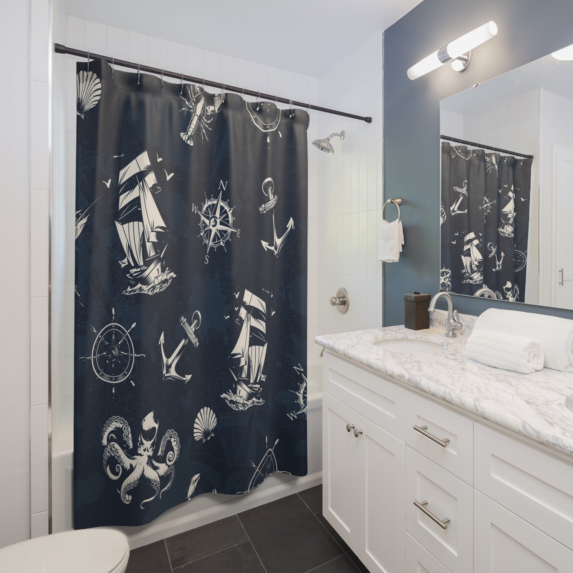 Nautical Adventure Shower Curtain - Maritime Design with Ships & Compass