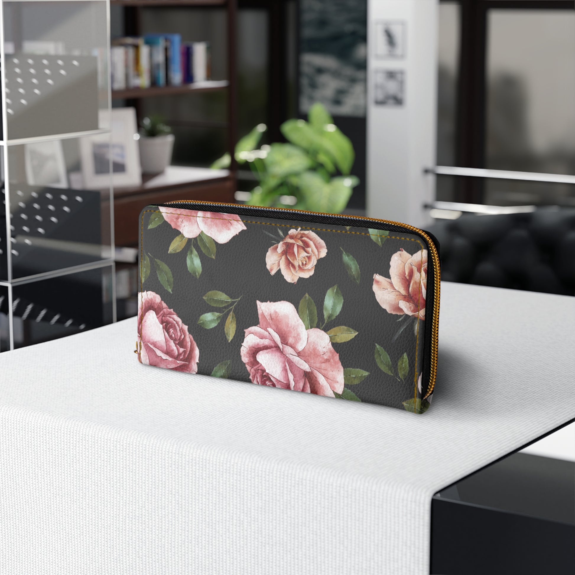 Black Rose Floral Zipper Wallet - Elegant Rose Design, Perfect for Women, Gift for Her, Stylish Accessory, Everyday Use Travel Wallet