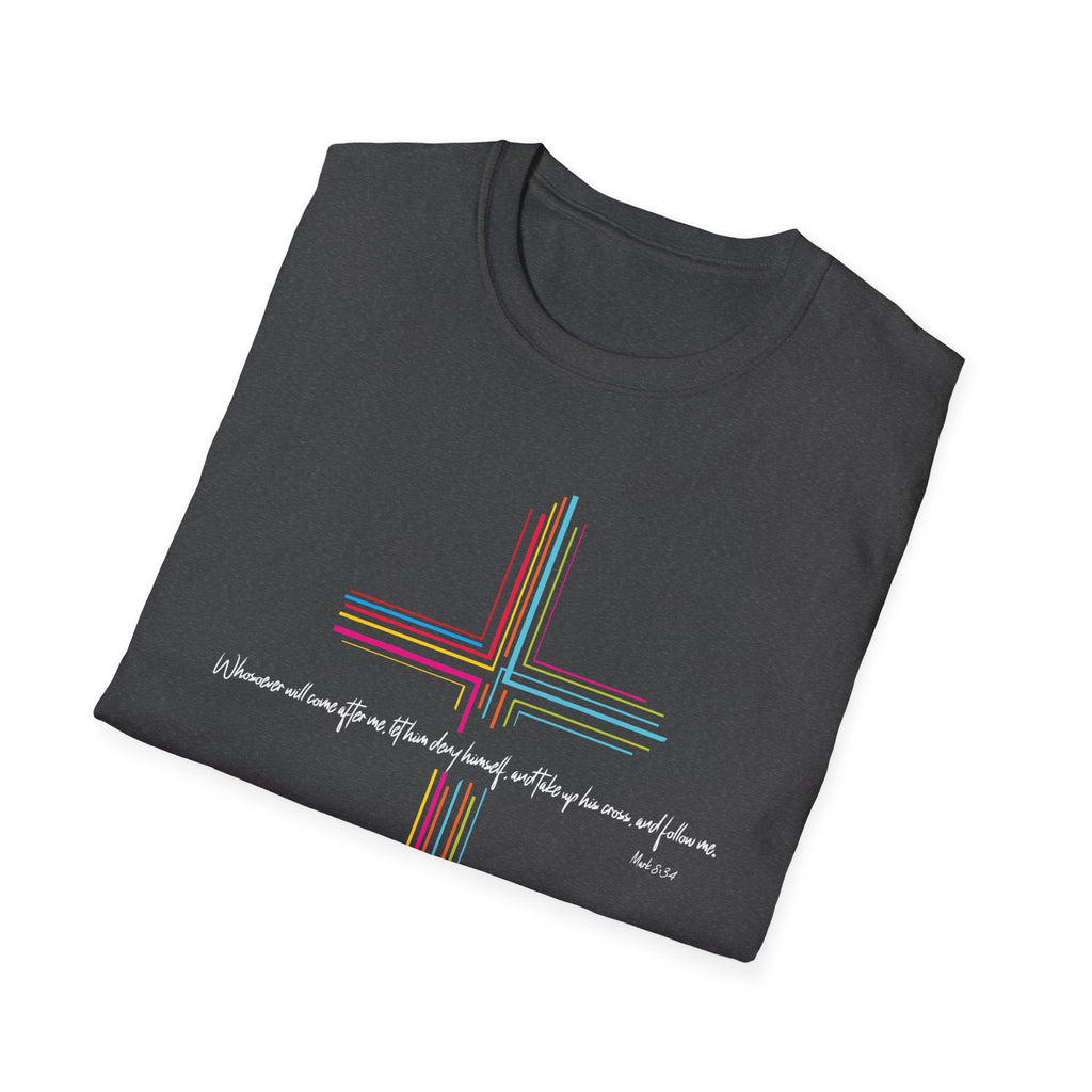 Inspirational Scripture Mark 8:34 Cross Unisex Softstyle T-Shirt Faith and Hope Design Faith Tee Gift For Her Him