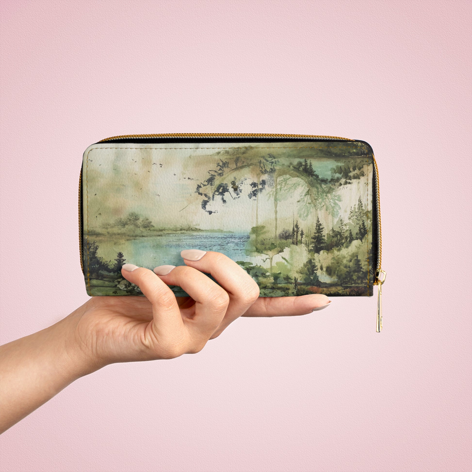 Artistic Watercolor Zipper Wallet Nature Inspired Design, Perfect Gift for Nature Lovers Travel Companion, Functional Accessory, Eco-Friendly