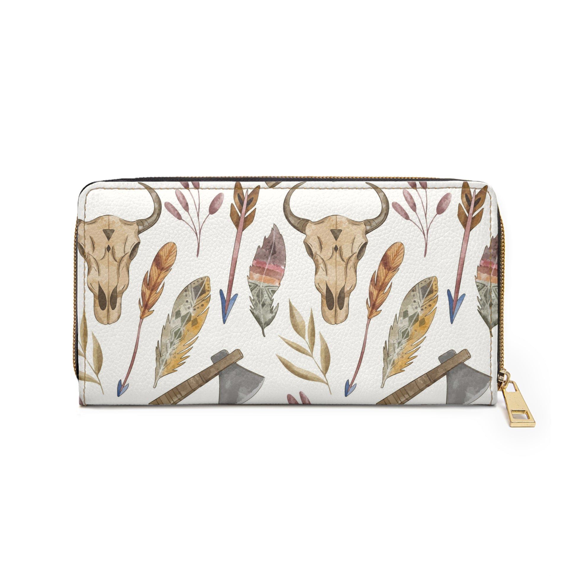 Country Western Zipper Wallet, Cow Skull Print Purse, Rustic Leather Clutch, Gift for Her, Travel Organizer, Festival Accessory
