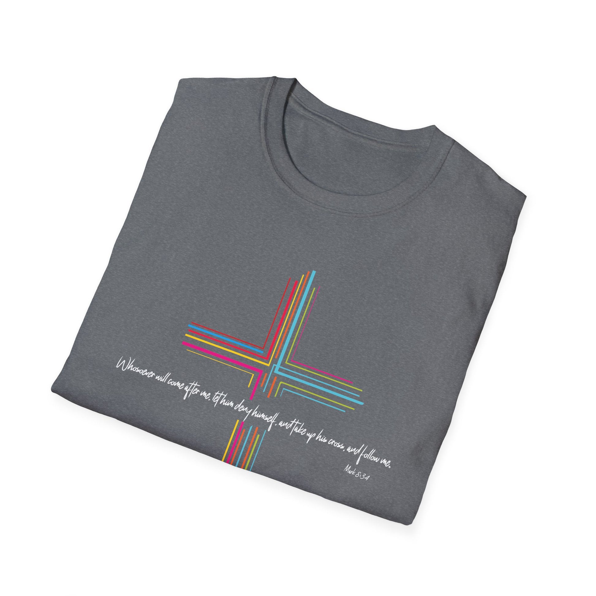 Inspirational Scripture Mark 8:34 Cross Unisex Softstyle T-Shirt Faith and Hope Design Faith Tee Gift For Her Him