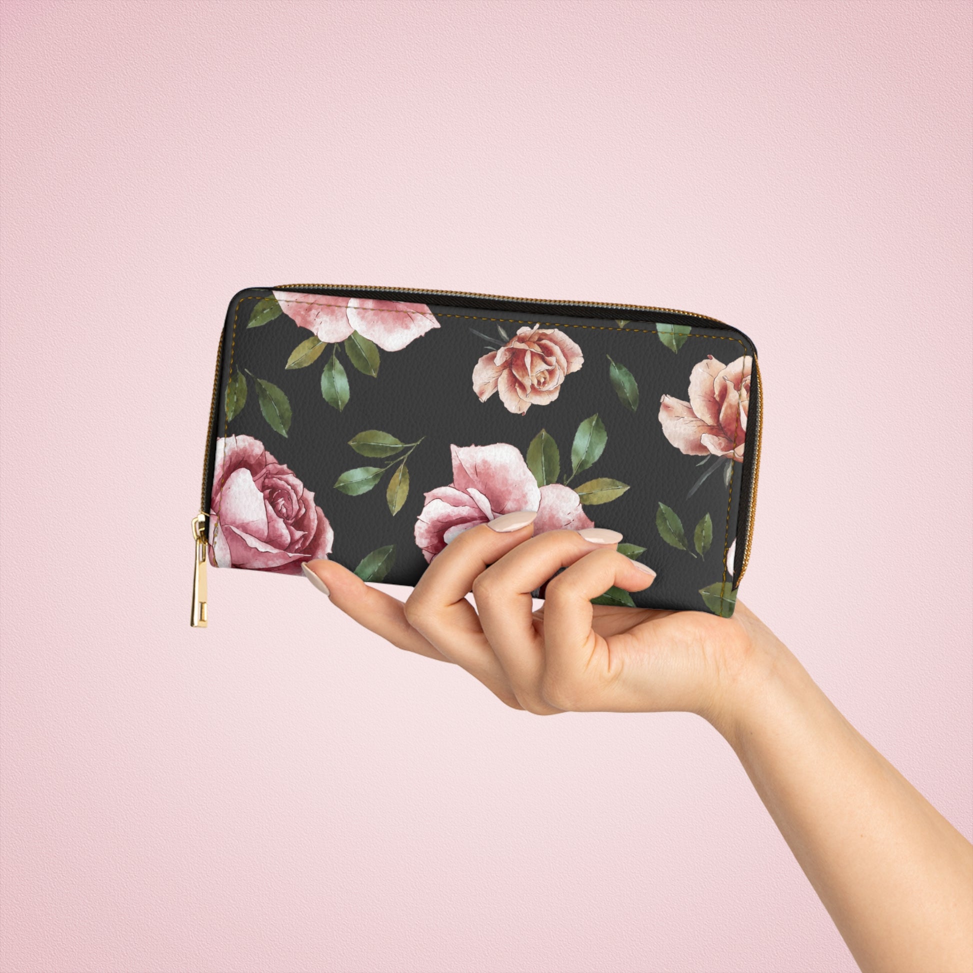Black Rose Floral Zipper Wallet - Elegant Rose Design, Perfect for Women, Gift for Her, Stylish Accessory, Everyday Use Travel Wallet