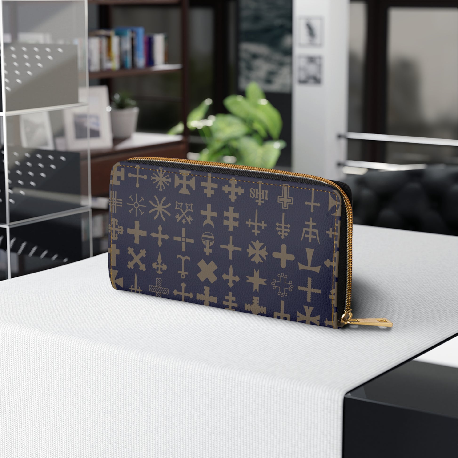Stylish Navy Blue Cross Zipper Wallet | Elegant Cross Pattern Organizer, Travel Accessory, Gift for Her Fashionable Purse Holiday Essential