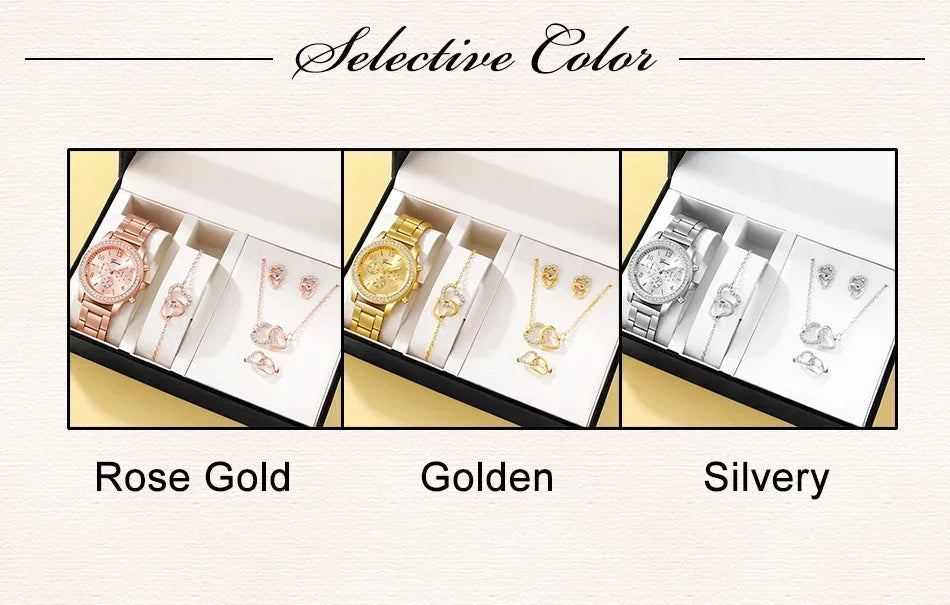 6PCS Set Rose Gold Luxury Watch Women Ring Necklace Earring Rhinestone Fashion Wristwatch Casual Ladies Bracelet Watches. Limited stock available.