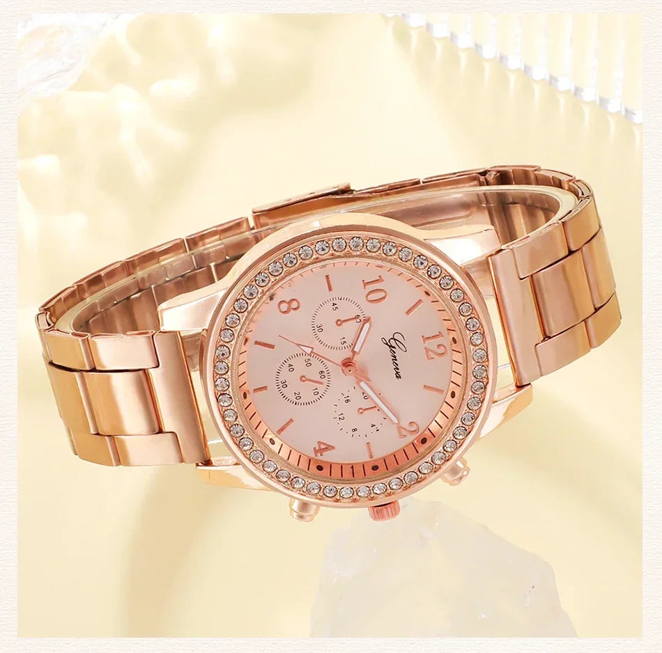 6PCS Set Rose Gold Luxury Watch Women Ring Necklace Earring Rhinestone Fashion Wristwatch Casual Ladies Bracelet Watches. Limited stock available.