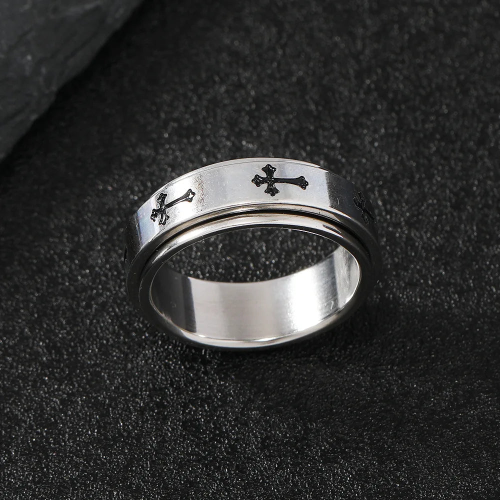 Rotatable Metal Cross Ring For Men Women Silver Color Stainless Steel Ring Punk Gothic Simple Accessories Christian Jewelry Gift. Limited stock available.
