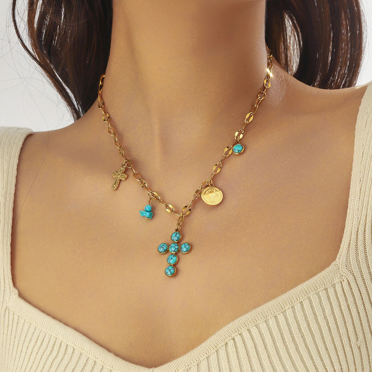 Unique Stainless Steel Round Turquoise Inlaid Cross Pendant Necklace For Women Girl New Fashion Neck Chain Jewelry Gift. Limited stock available.