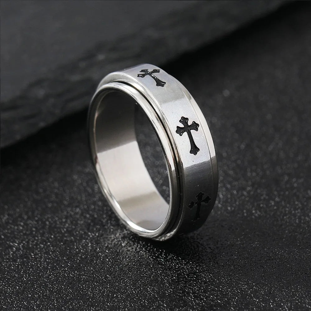 Rotatable Metal Cross Ring For Men Women Silver Color Stainless Steel Ring Punk Gothic Simple Accessories Christian Jewelry Gift. Limited stock available.