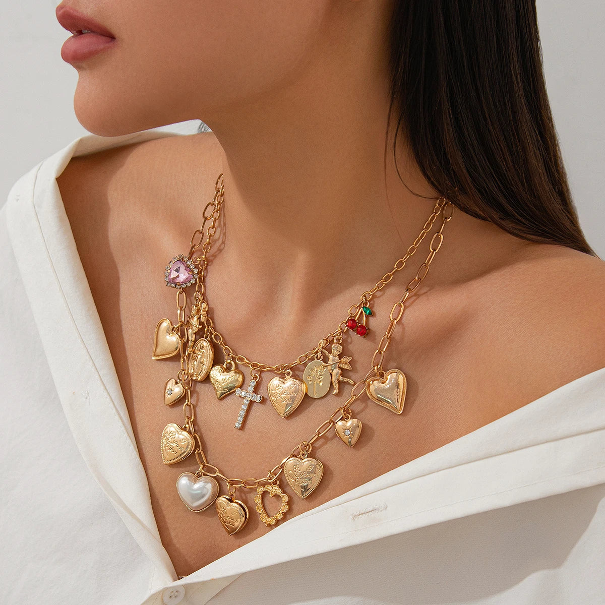 Ingemark Fashionable 2Pcs/Set Punk Classic Metal Chain Necklace for Women Vintage Love Heart Rhinestone Cross Pendant New Year Jewelry Gift. Limited stock available.