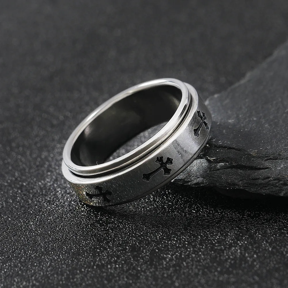 Rotatable Metal Cross Ring For Men Women Silver Color Stainless Steel Ring Punk Gothic Simple Accessories Christian Jewelry Gift. Limited stock available.