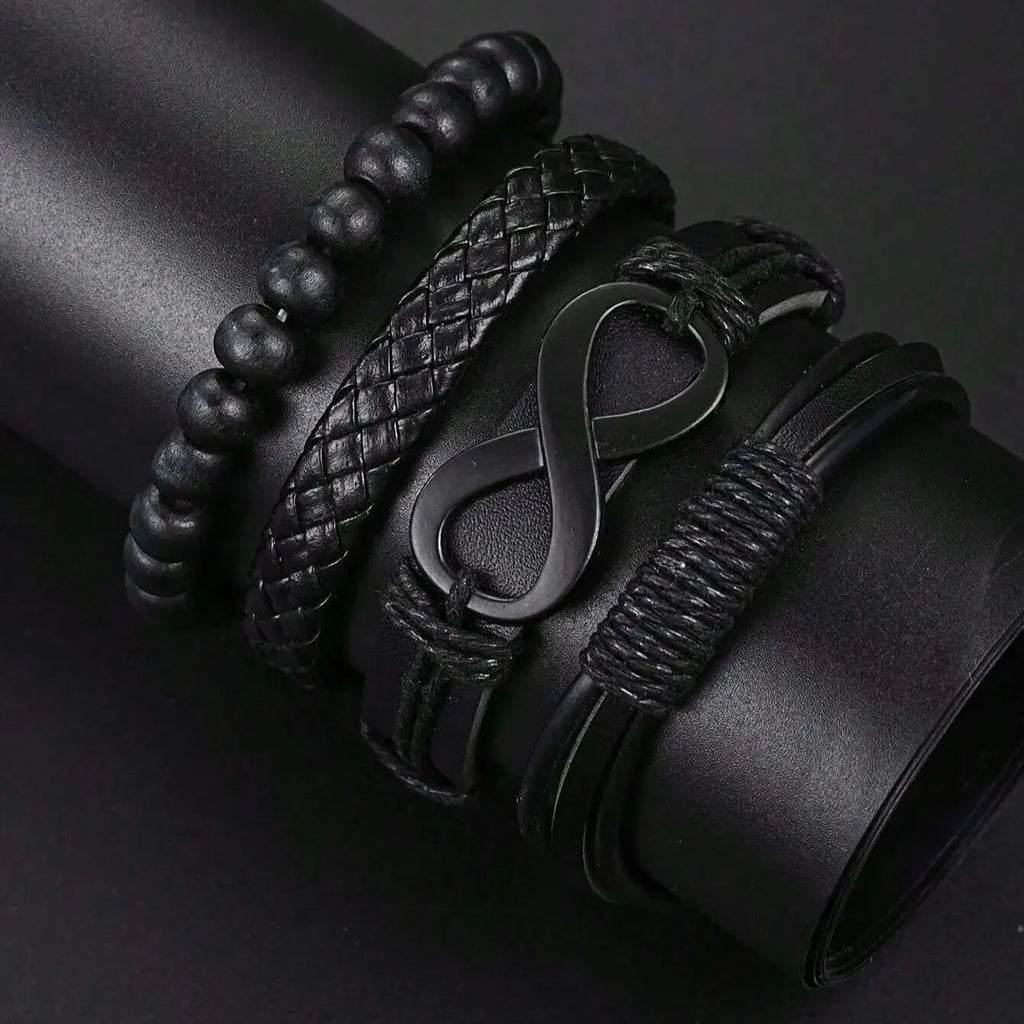 6pcs_Set Fashionable Pu Leather '8' Shape Beaded Bracelet With Mechanical Watch, Cross Pendant Necklace For Men, Black-Colored. Limited stock available.