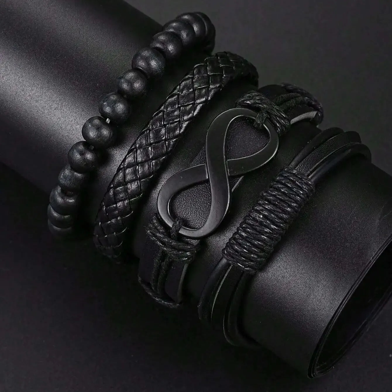 6pcs_Set Fashionable Pu Leather '8' Shape Beaded Bracelet With Mechanical Watch, Cross Pendant Necklace For Men, Black-Colored. Limited stock available.