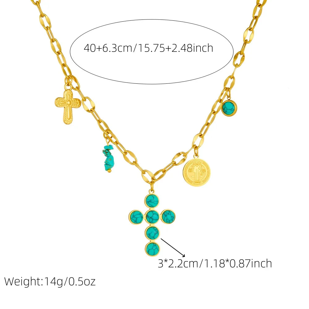 Unique Stainless Steel Round Turquoise Inlaid Cross Pendant Necklace For Women Girl New Fashion Neck Chain Jewelry Gift. Limited stock available.