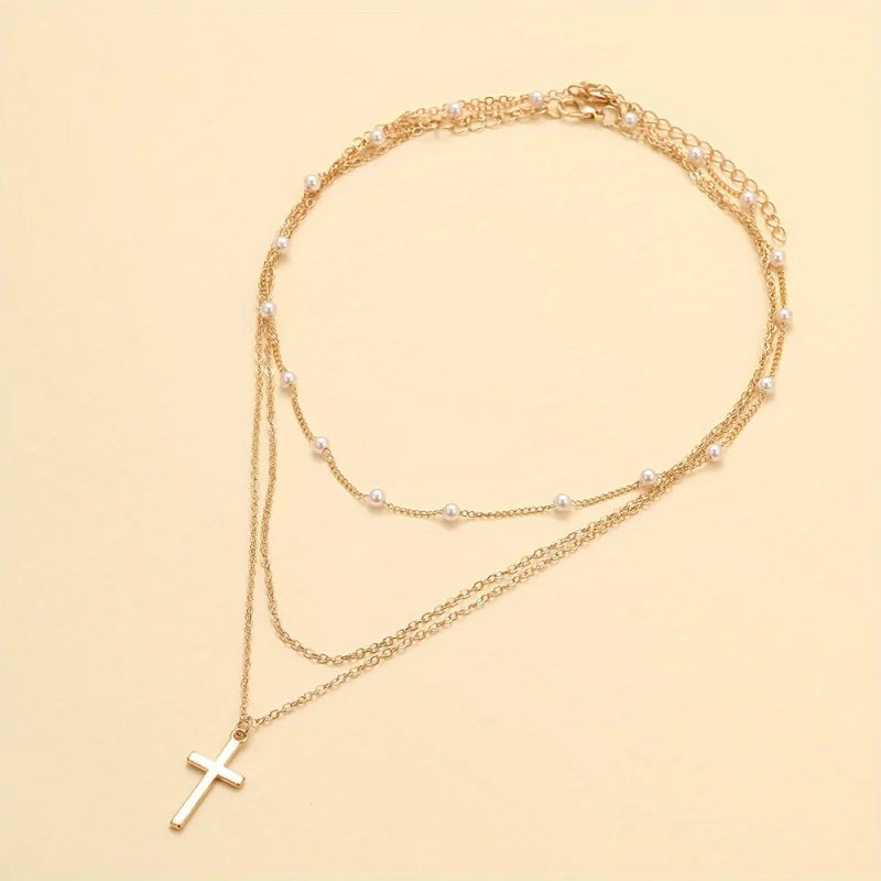 Miss JQ Minimalist style cross pendant, pearl chain, multi-layered necklace, crystal creative, women's jewelry accessories. Limited stock available.