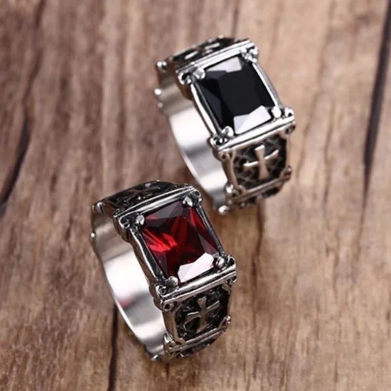 Fashion Personality Exquisite Red Zircon Cross Pattern Ring Charm Men's Party Jewelry Accessories Amulet Gift. Limited stock available.