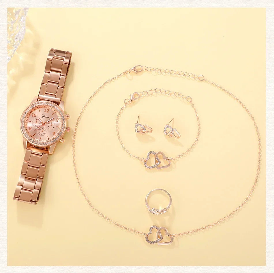 6PCS Set Rose Gold Luxury Watch Women Ring Necklace Earring Rhinestone Fashion Wristwatch Casual Ladies Bracelet Watches. Limited stock available.