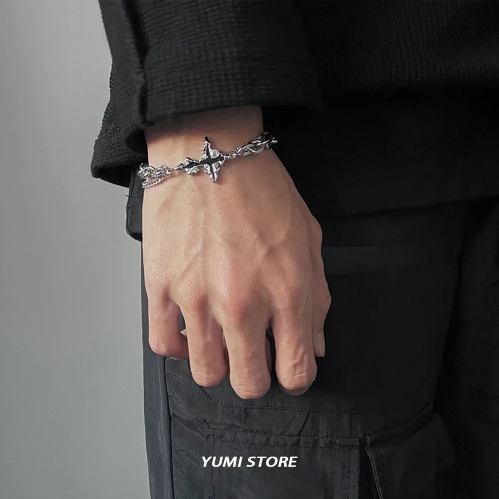 Retro Flame Cross Bracelet For Men Woman Hip Hop Titanium Steel Splice Chain Charm Unisex Jewelry Cool Kpop Luxury Accessories. Limited stock available.