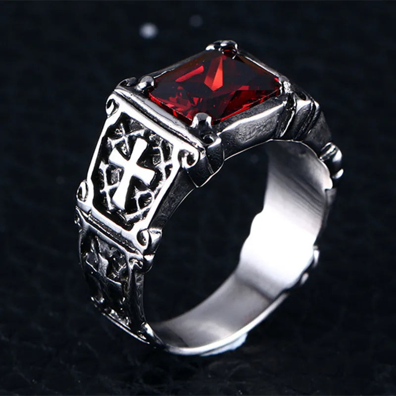 Fashion Personality Exquisite Red Zircon Cross Pattern Ring Charm Men's Party Jewelry Accessories Amulet Gift. Limited stock available.