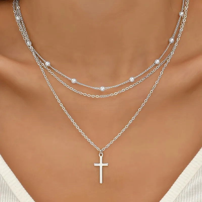Miss JQ Minimalist style cross pendant, pearl chain, multi-layered necklace, crystal creative, women's jewelry accessories. Limited stock available.