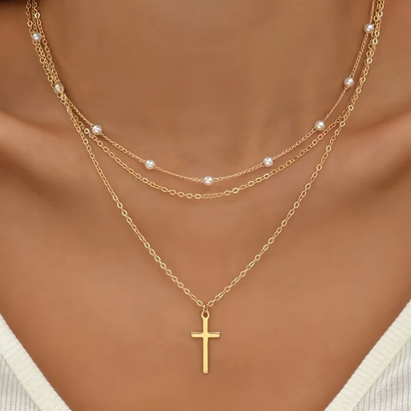 Miss JQ Minimalist style cross pendant, pearl chain, multi-layered necklace, crystal creative, women's jewelry accessories. Limited stock available.