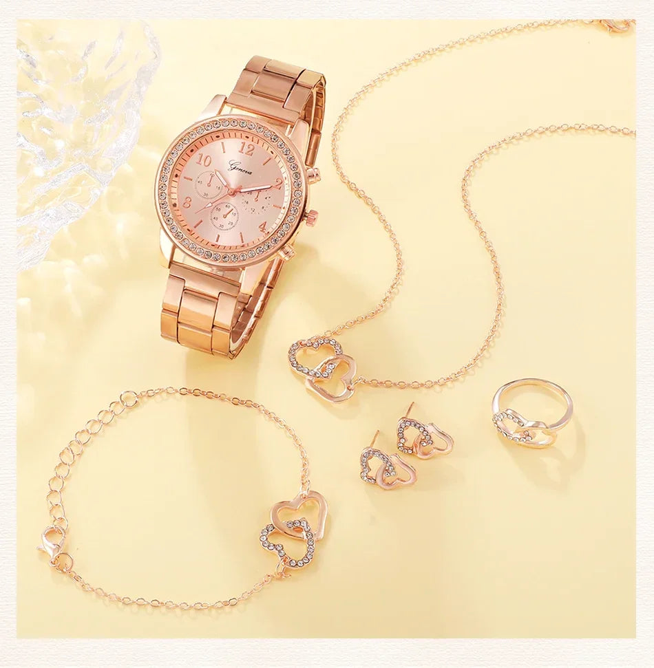 6PCS Set Rose Gold Luxury Watch Women Ring Necklace Earring Rhinestone Fashion Wristwatch Casual Ladies Bracelet Watches. Limited stock available.