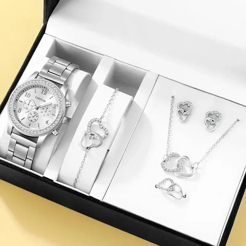 6PCS Set Rose Gold Luxury Watch Women Ring Necklace Earring Rhinestone Fashion Wristwatch Casual Ladies Bracelet Watches. Limited stock available.