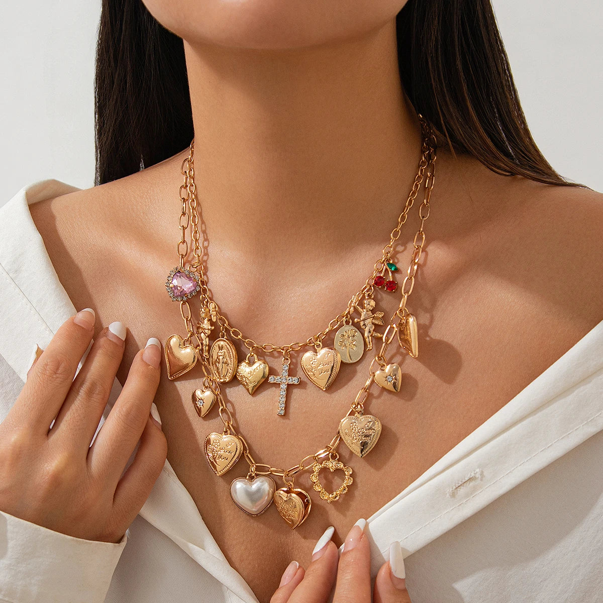 Ingemark Fashionable 2Pcs/Set Punk Classic Metal Chain Necklace for Women Vintage Love Heart Rhinestone Cross Pendant New Year Jewelry Gift. Limited stock available.