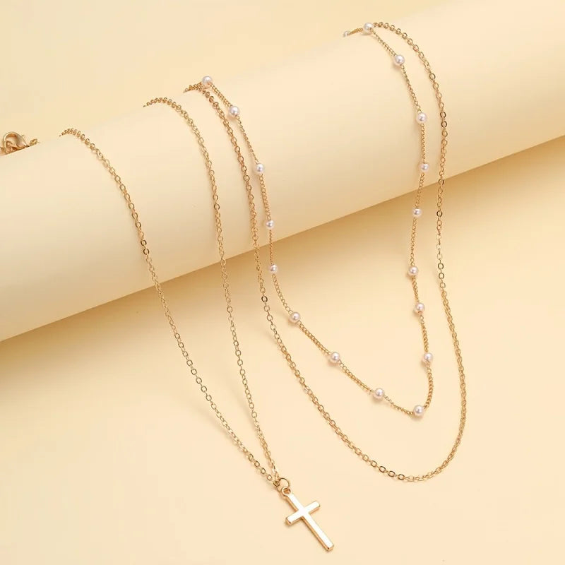 Miss JQ Minimalist style cross pendant, pearl chain, multi-layered necklace, crystal creative, women's jewelry accessories. Limited stock available.