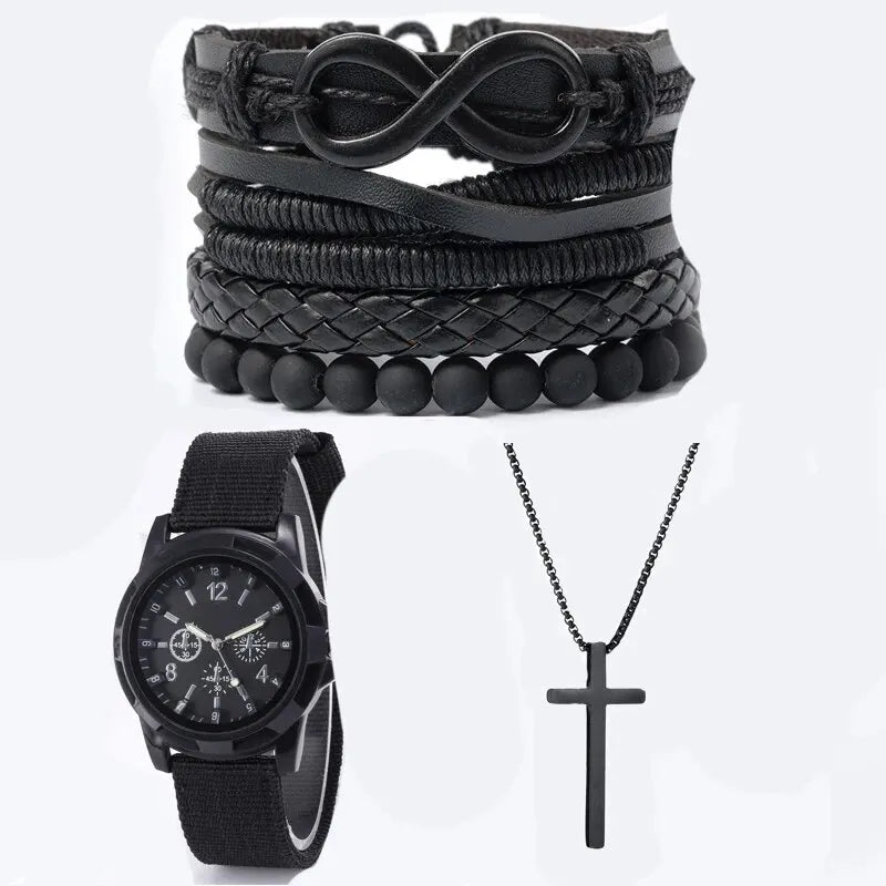 6pcs_Set Fashionable Pu Leather '8' Shape Beaded Bracelet With Mechanical Watch, Cross Pendant Necklace For Men, Black-Colored. Limited stock available.