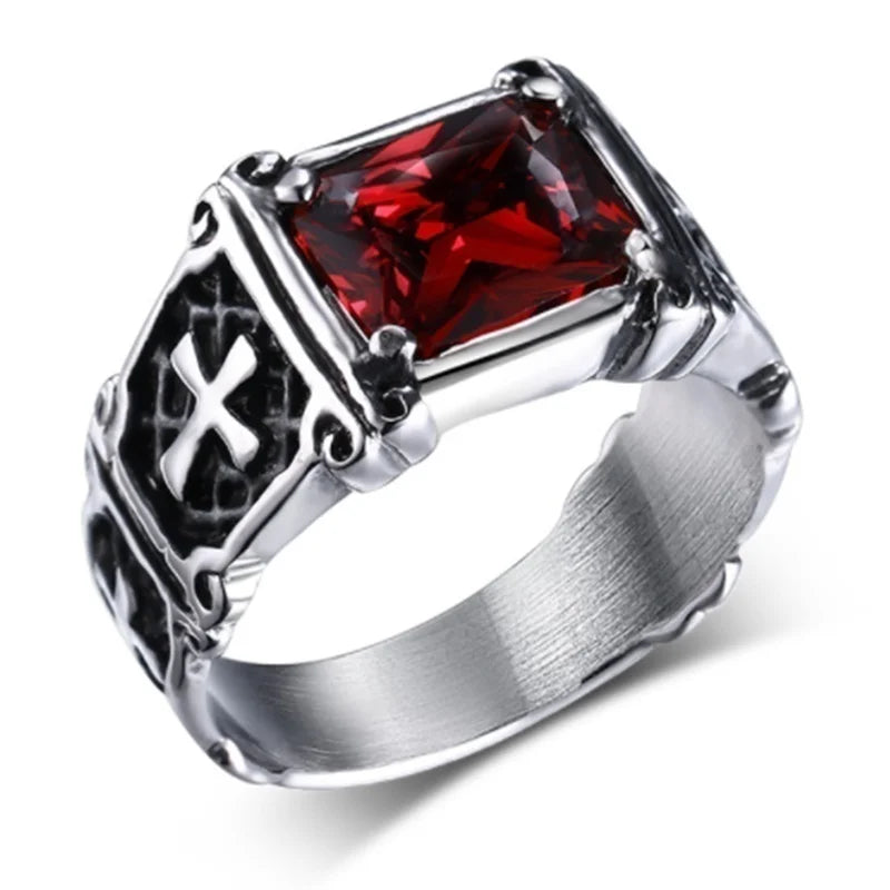 Fashion Personality Exquisite Red Zircon Cross Pattern Ring Charm Men's Party Jewelry Accessories Amulet Gift. Limited stock available.