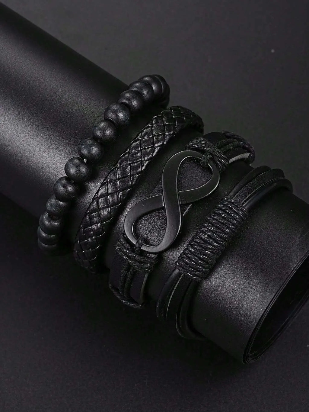 6pcs_Set Fashionable Pu Leather '8' Shape Beaded Bracelet With Mechanical Watch, Cross Pendant Necklace For Men, Black-Colored. Limited stock available.