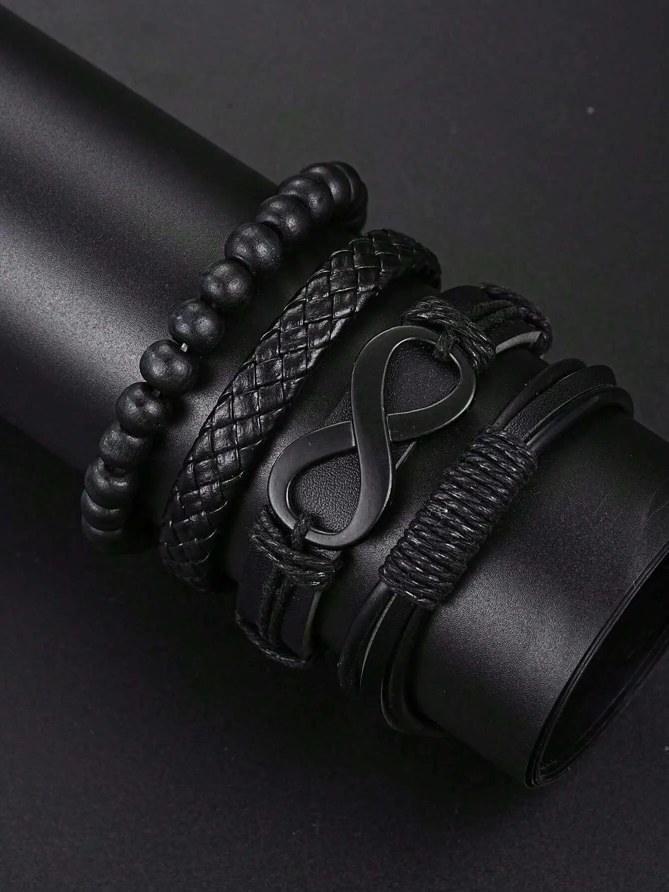 6pcs_Set Fashionable Pu Leather '8' Shape Beaded Bracelet With Mechanical Watch, Cross Pendant Necklace For Men, Black-Colored. Limited stock available.