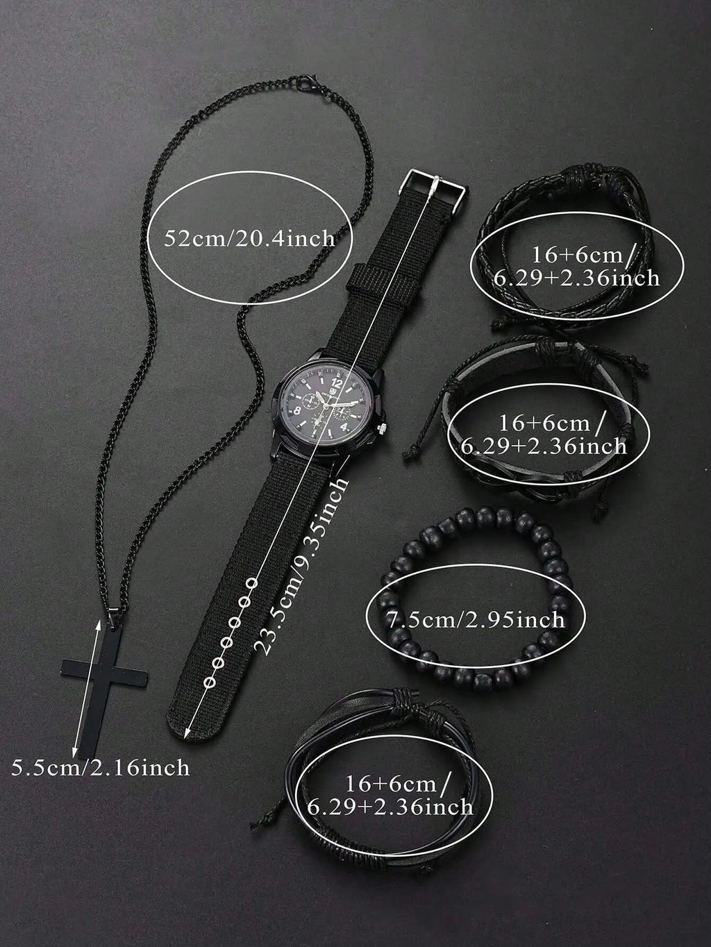 6pcs_Set Fashionable Pu Leather '8' Shape Beaded Bracelet With Mechanical Watch, Cross Pendant Necklace For Men, Black-Colored. Limited stock available.