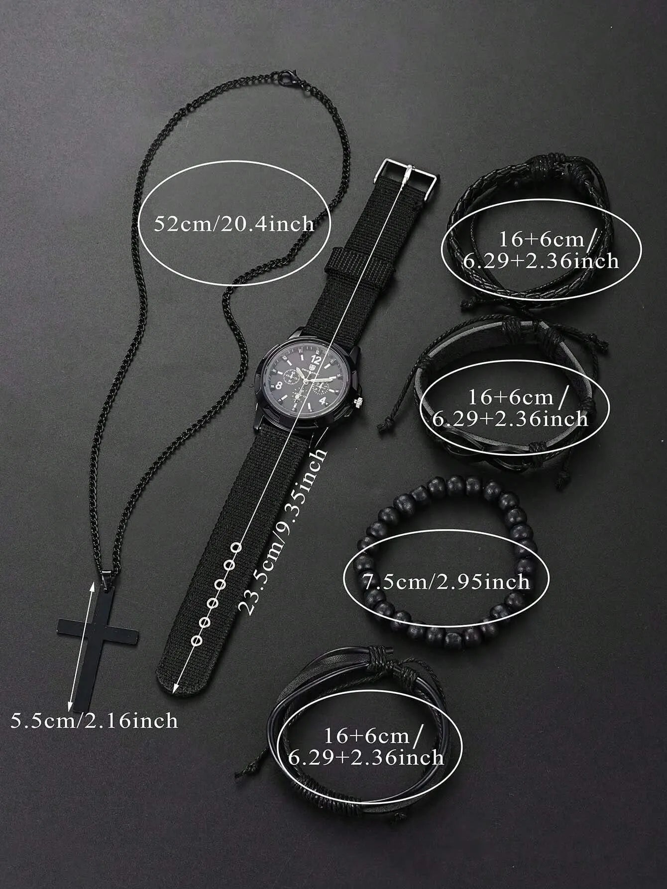 6pcs_Set Fashionable Pu Leather '8' Shape Beaded Bracelet With Mechanical Watch, Cross Pendant Necklace For Men, Black-Colored. Limited stock available.
