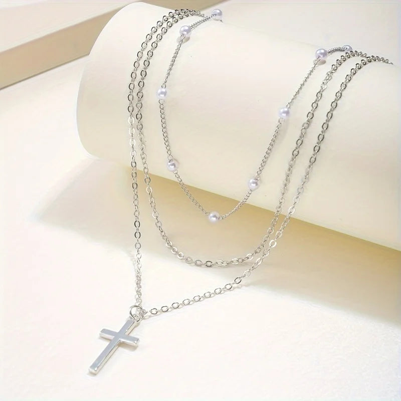 Miss JQ Minimalist style cross pendant, pearl chain, multi-layered necklace, crystal creative, women's jewelry accessories. Limited stock available.