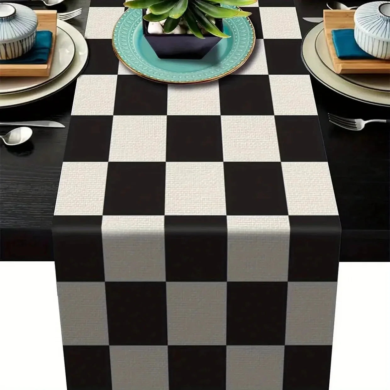 1 pc Geometric Stripe Linen Table Runner, Modern Simple Black AndWhite Plaid Classic Vintage Table Cloth, Home Decoration 1pc Geo