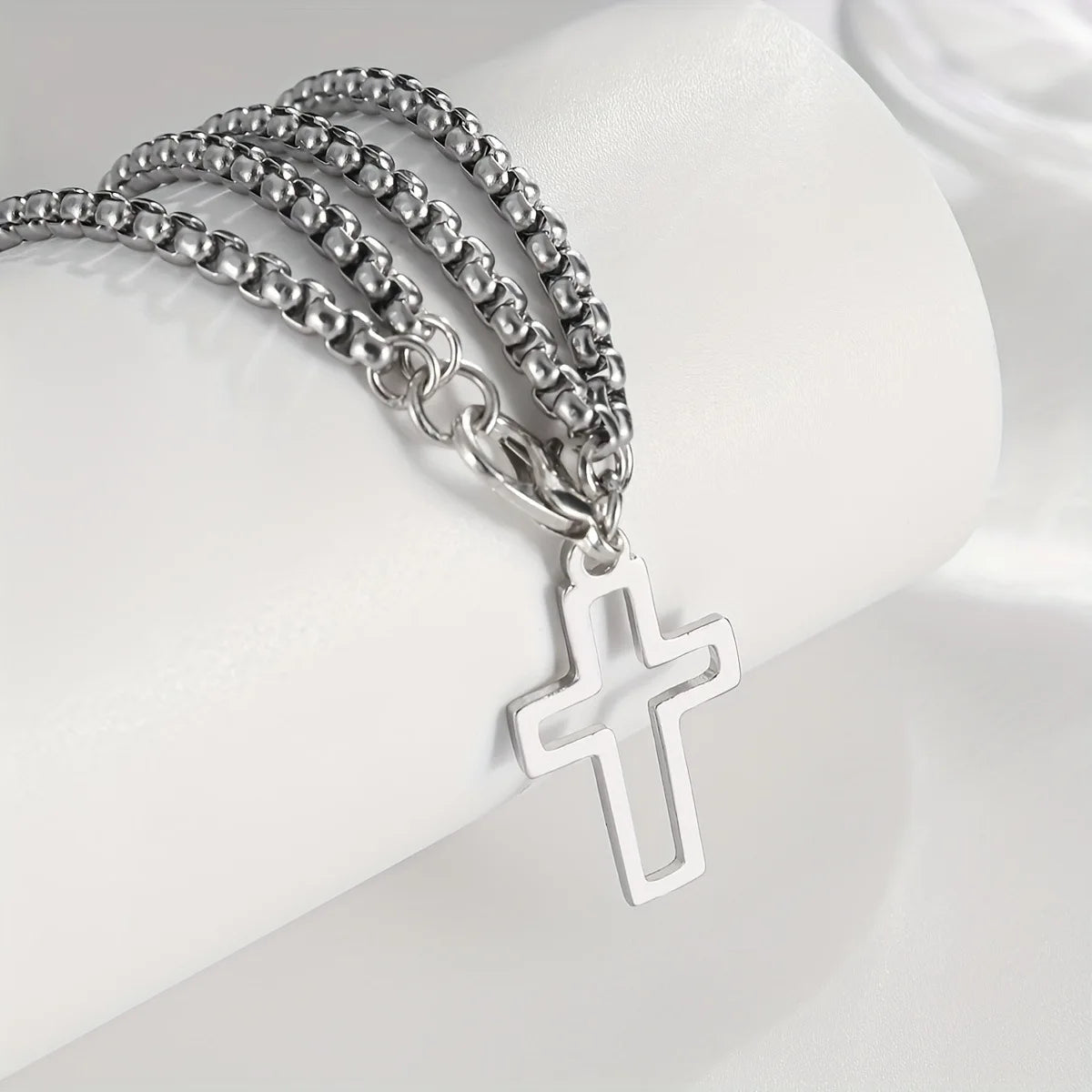 Men's Fashion Double Chain Cross Hollow Wrist Bracelet Lobster Claw Buckle Stainless Steel Bracelet Hip Hop Punk Party Jewelry. Limited stock available.