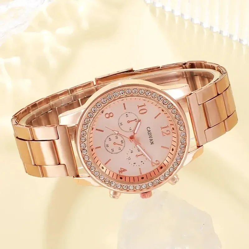 6PCS Set Rose Gold Luxury Watch Women Ring Necklace Earring Rhinestone Fashion Wristwatch Casual Ladies Bracelet Watches. Limited stock available.