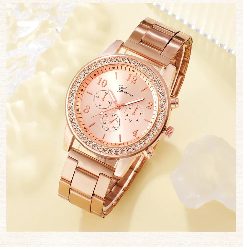 6PCS Set Rose Gold Luxury Watch Women Ring Necklace Earring Rhinestone Fashion Wristwatch Casual Ladies Bracelet Watches. Limited stock available.