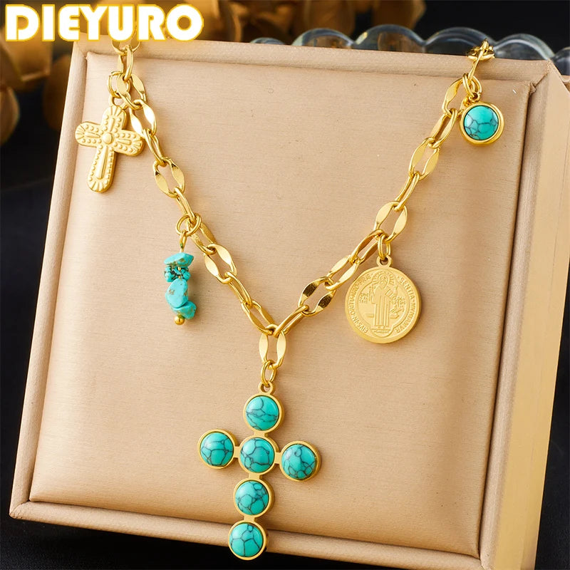 Unique Stainless Steel Round Turquoise Inlaid Cross Pendant Necklace For Women Girl New Fashion Neck Chain Jewelry Gift. Limited stock available.