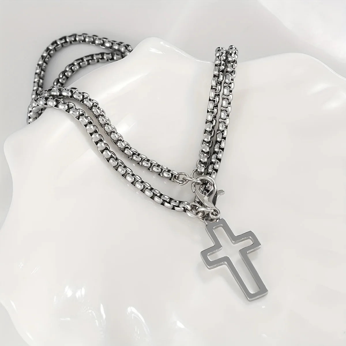 Men's Fashion Double Chain Cross Hollow Wrist Bracelet Lobster Claw Buckle Stainless Steel Bracelet Hip Hop Punk Party Jewelry. Limited stock available.