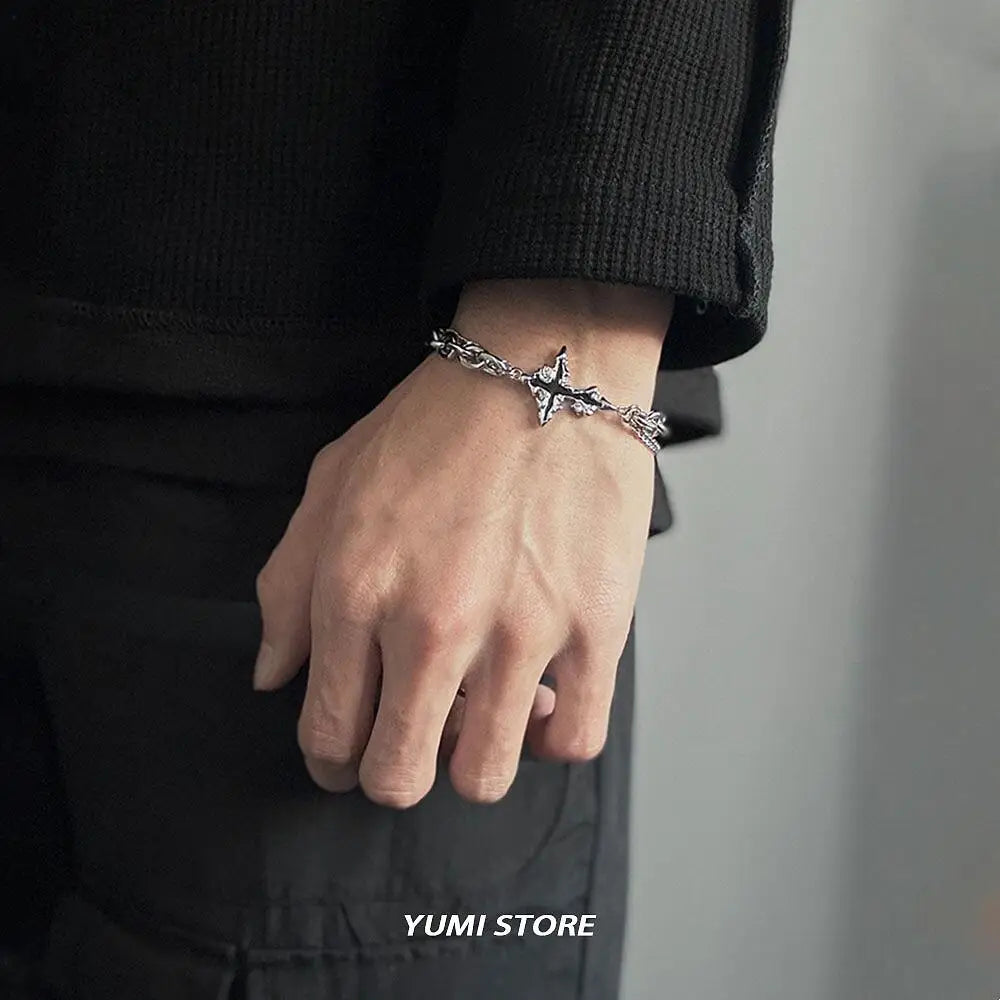 Retro Flame Cross Bracelet For Men Woman Hip Hop Titanium Steel Splice Chain Charm Unisex Jewelry Cool Kpop Luxury Accessories. Limited stock available.