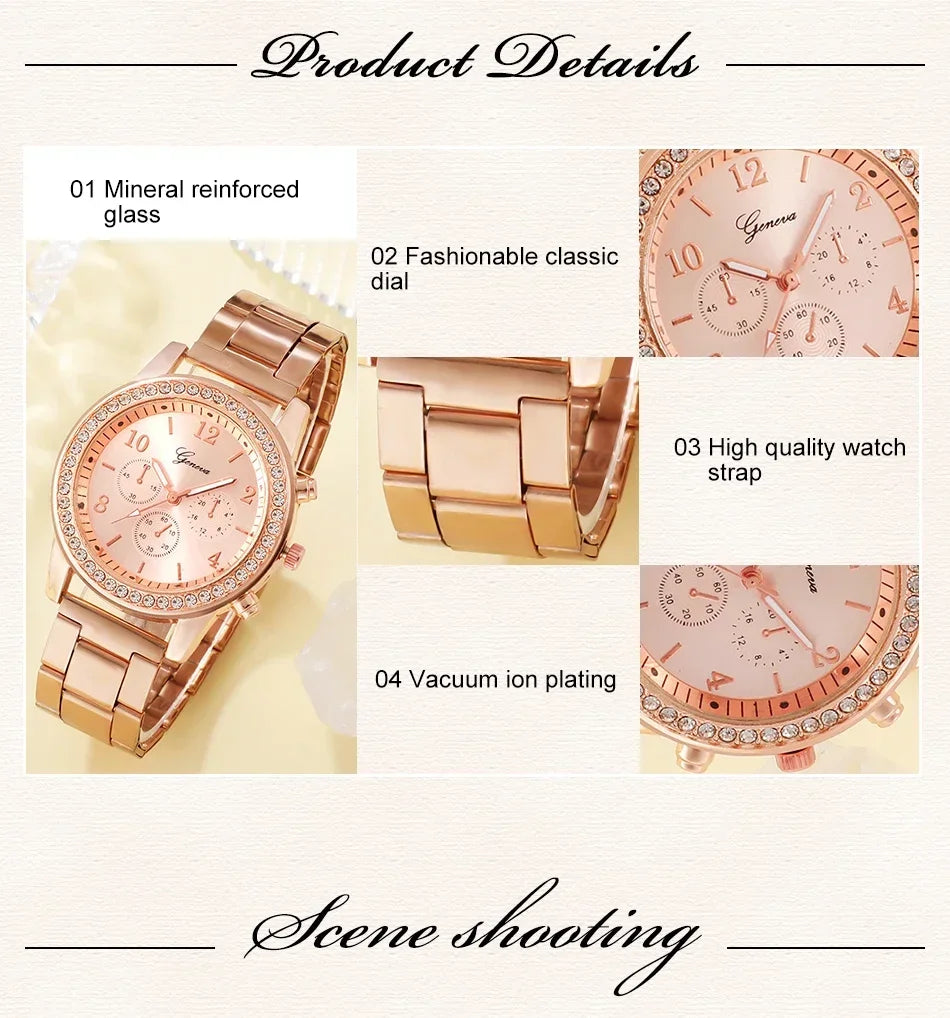 6PCS Set Rose Gold Luxury Watch Women Ring Necklace Earring Rhinestone Fashion Wristwatch Casual Ladies Bracelet Watches. Limited stock available.