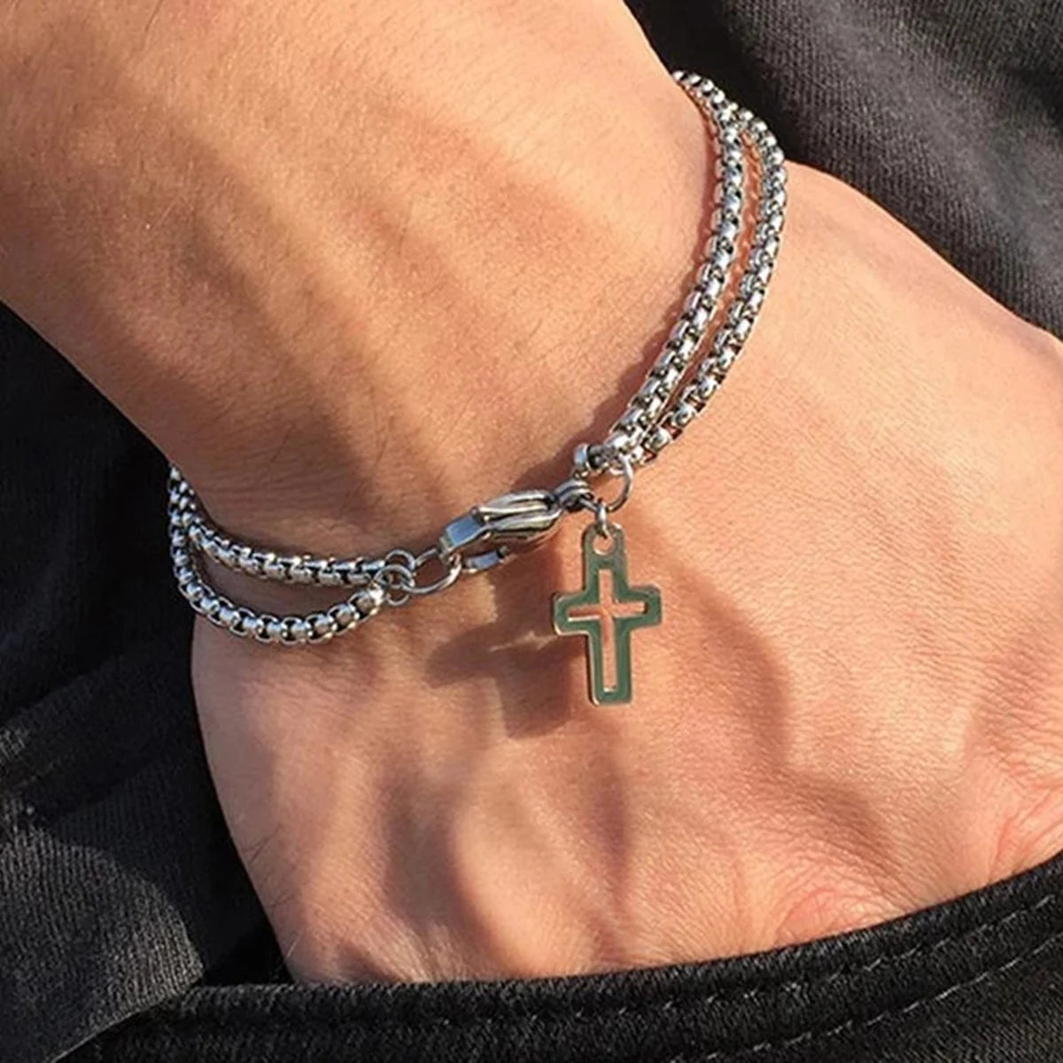 Men's Fashion Double Chain Cross Hollow Wrist Bracelet Lobster Claw Buckle Stainless Steel Bracelet Hip Hop Punk Party Jewelry. Limited stock available.