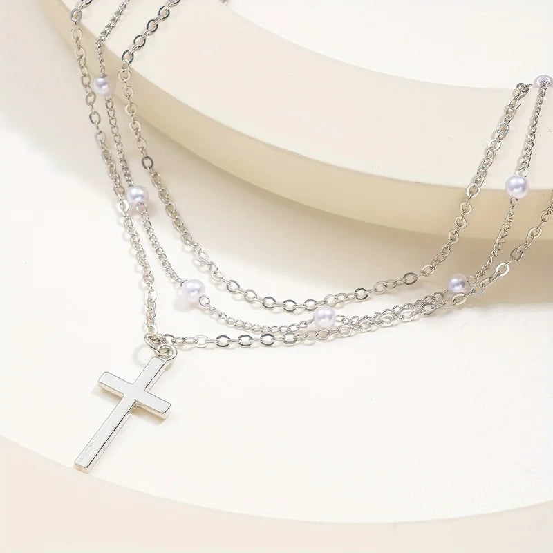 Miss JQ Minimalist style cross pendant, pearl chain, multi-layered necklace, crystal creative, women's jewelry accessories. Limited stock available.