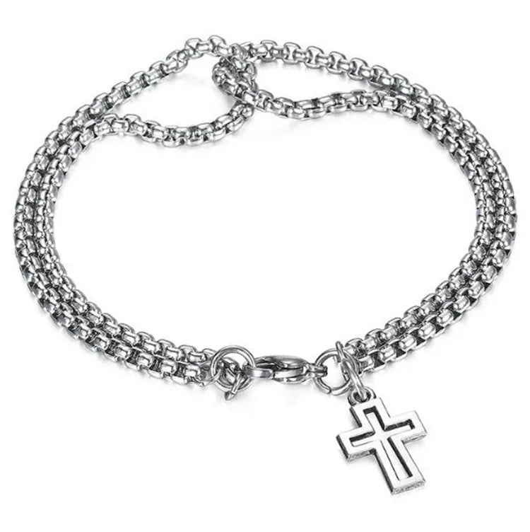 Men's Fashion Double Chain Cross Hollow Wrist Bracelet Lobster Claw Buckle Stainless Steel Bracelet Hip Hop Punk Party Jewelry. Limited stock available.